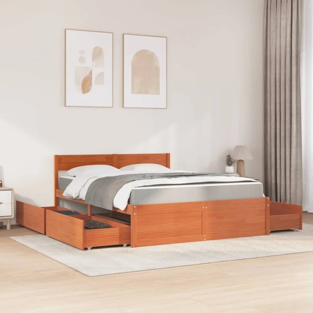 Cama com gavetas e colchão 140x200 cm pinho maciço castanho-mel