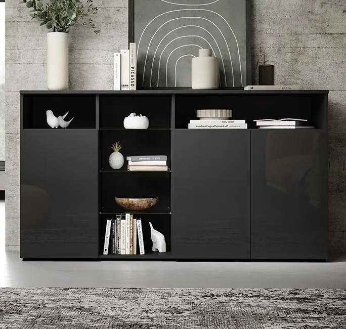 Aparador "Melinda" com Luzes LED - 150x82x40 cm - Preto Brilhante - De