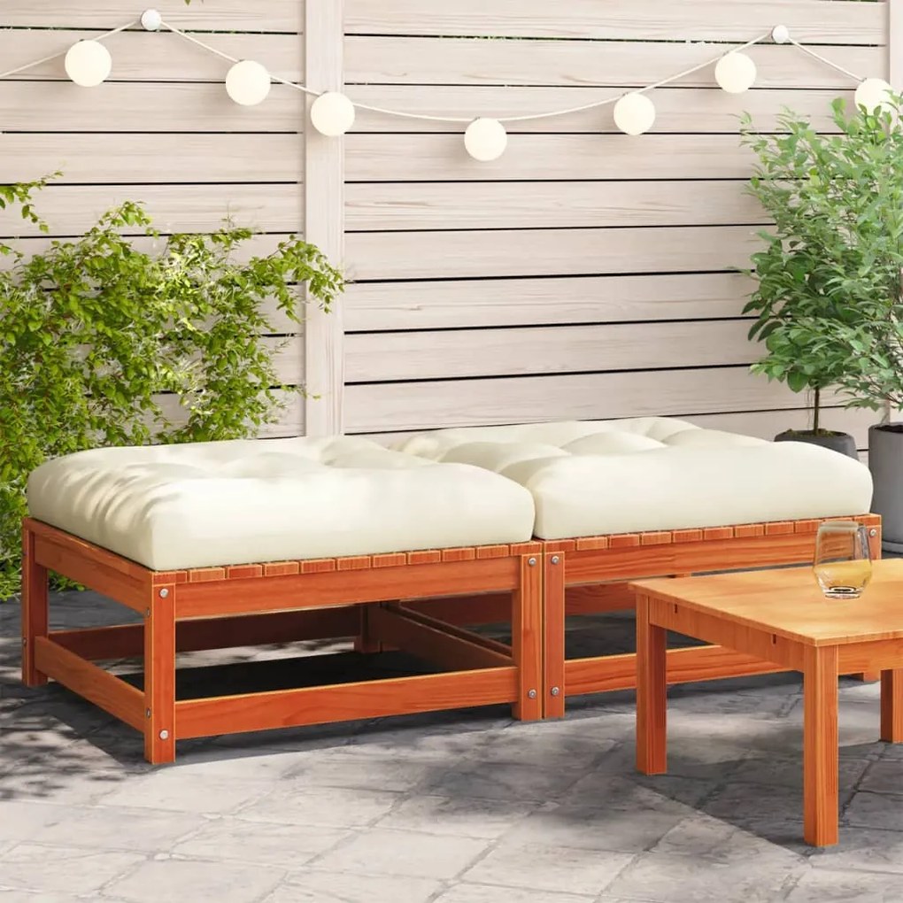 vidaXL Apoios pés jardim c/ almofadões 2 pcs pinho maciço castanho-mel