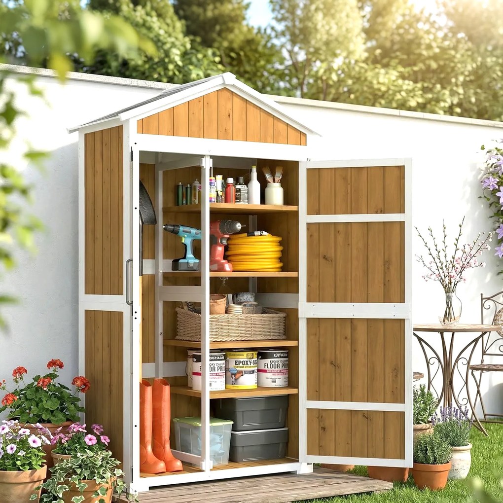 Abrigo de jardim 105 x 55 x 179 cm com telhado metálico e porta dupla para ferramentas de jardinagem - Natural