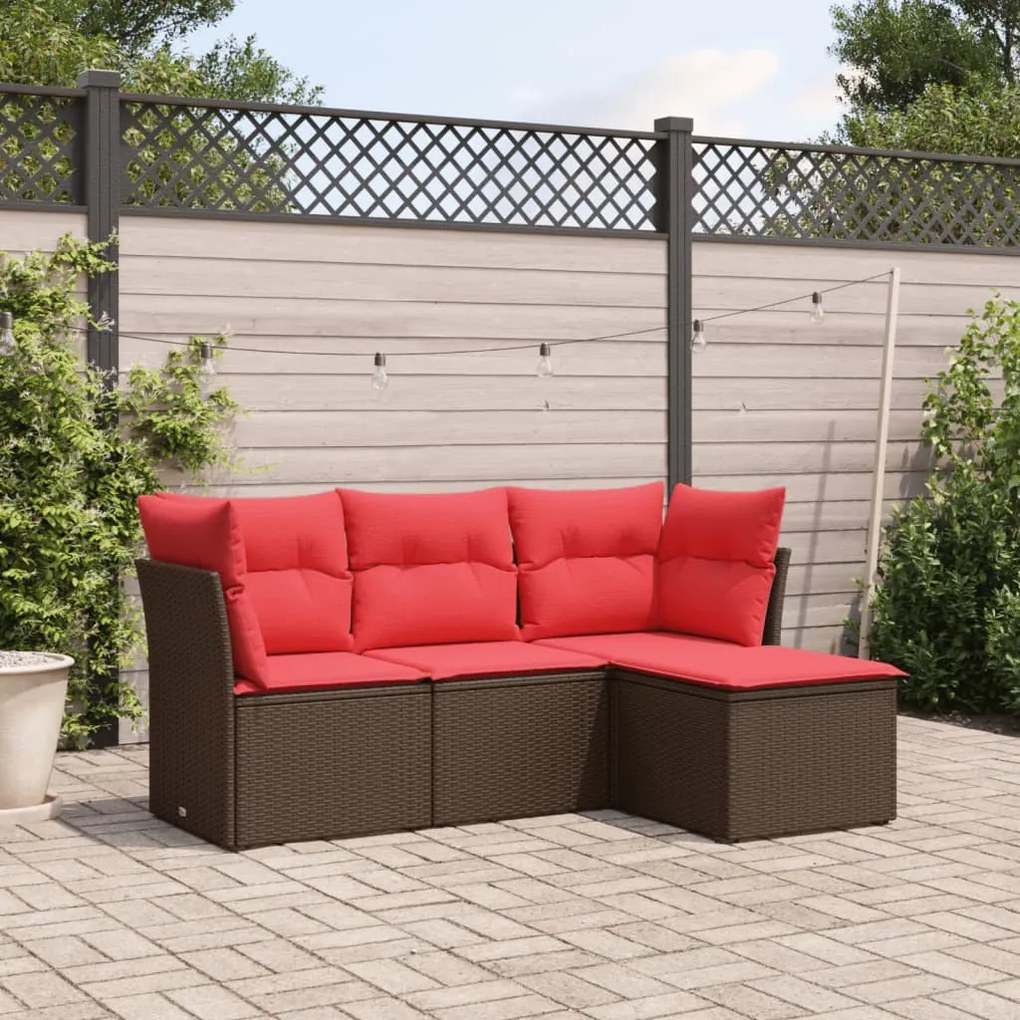 vidaXL 4 pcs conjunto sofás de jardim c/ almofadões vime PE castanho