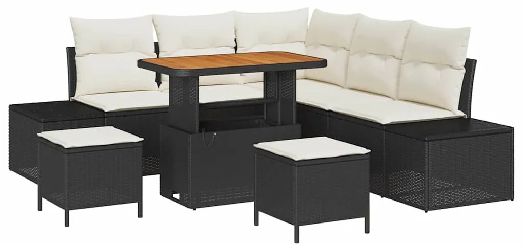 Conjunto de Sofá de Jardim com 8 Peças e Almofadas Preto em Poli Ratta