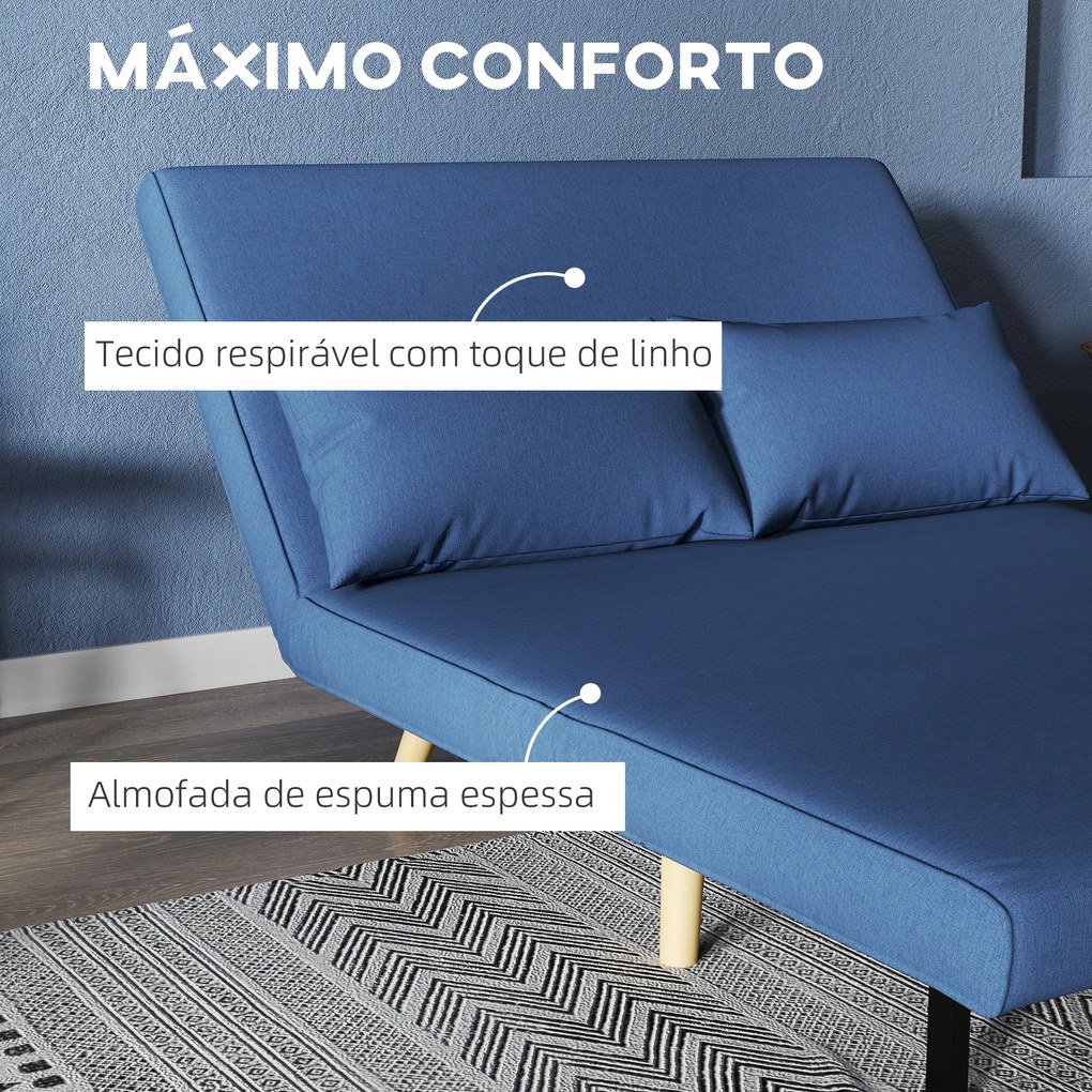 Sofá Cama de 2 Lugares Dobrável Estofado em Linho com Encosto Ajustável em 5 Posições e 2 Almofadas 120x75x85 cm Azul Escuro