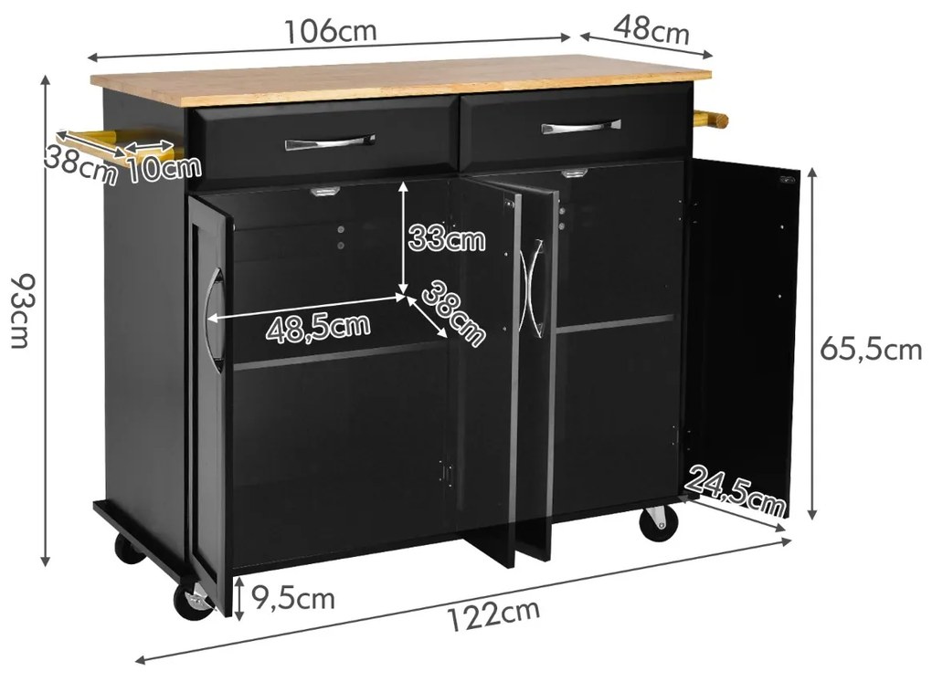 Carrinho para ilha de cozinha com tampo de madeira Estantes ajustáveis 2 gavetas grandes 122 x 48 x 92,5 cm Preto