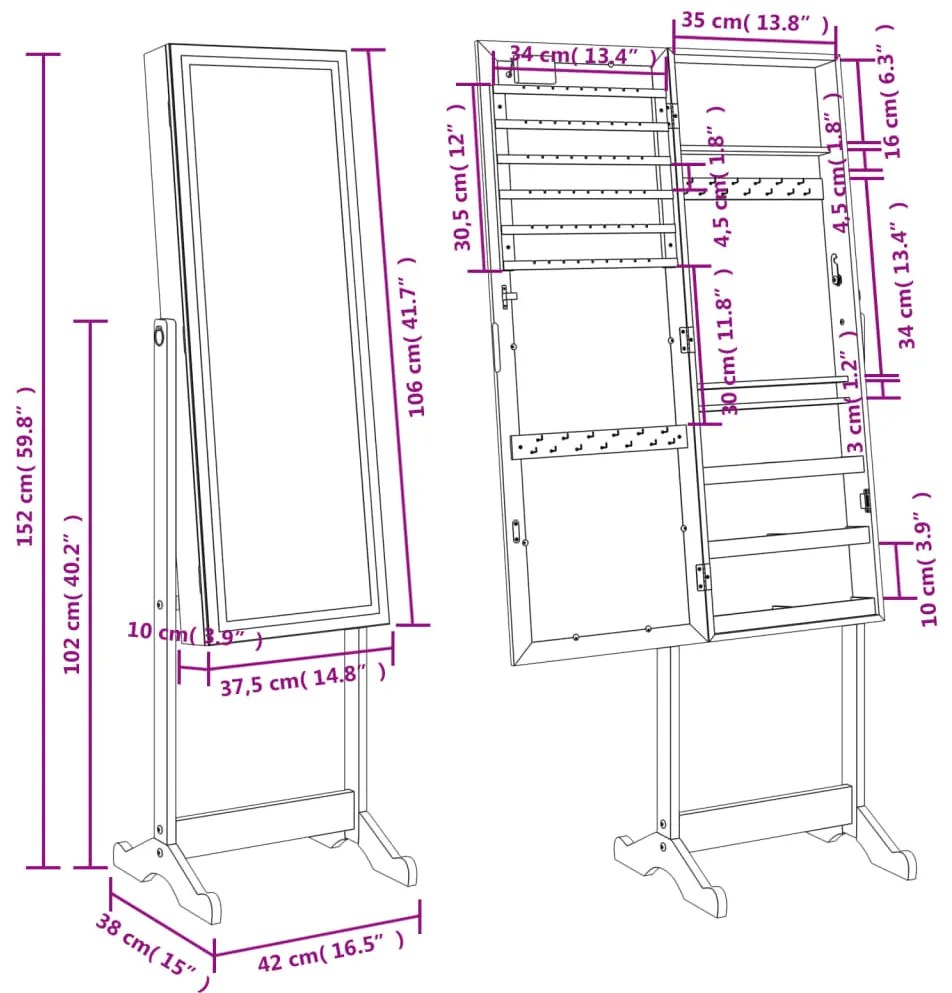 Armário espelhado para joias independente c/ luzes LED branco