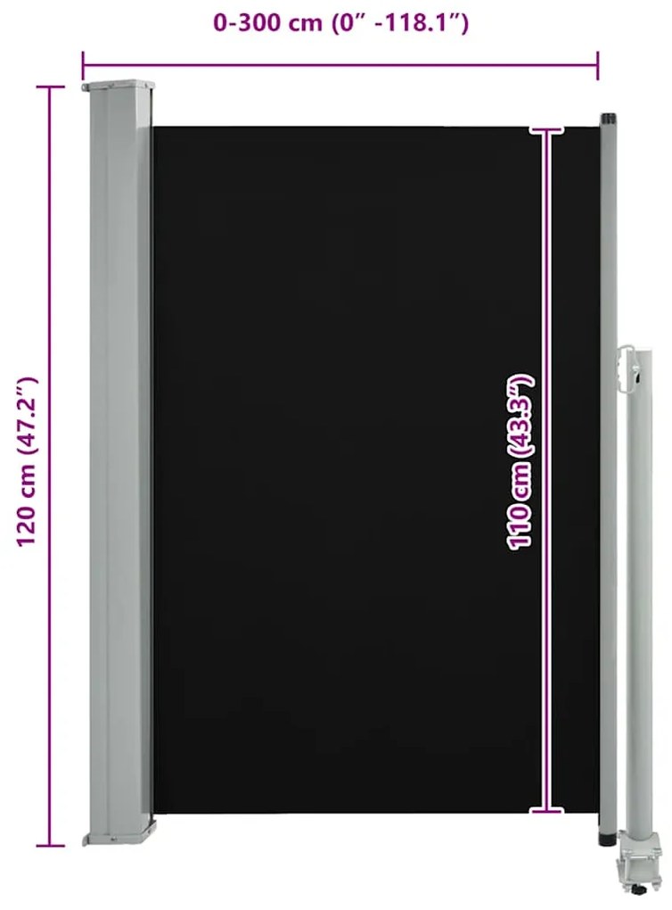 Toldo lateral retrátil para pátio 120x300 cm preto