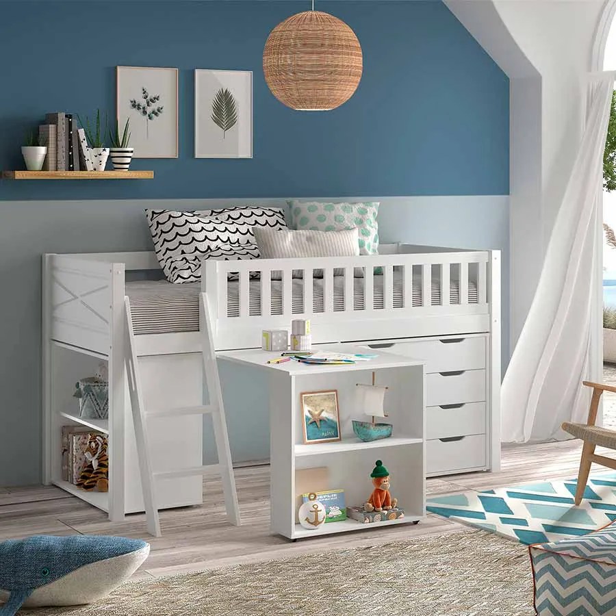 Conjunto cama Infantil SCOTT + secretária + Estante + cómoda com 4 gavetas Branca