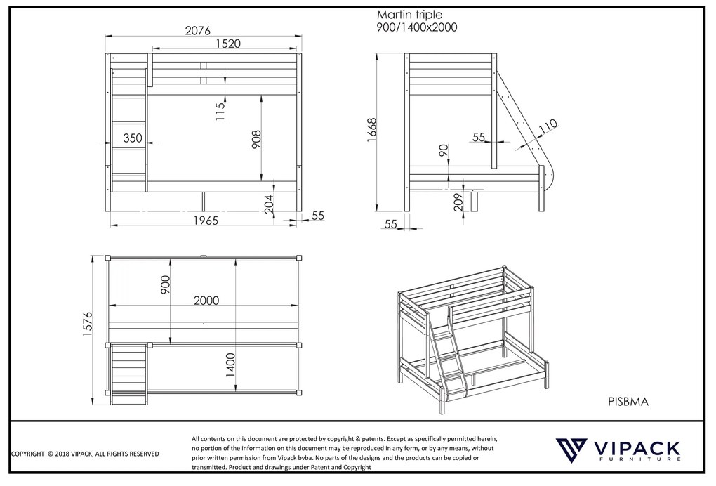Beliche PINO MARTIN FAMILY BED com cama superior 90 x 200 cm e inferior 140 x 200 cm Cinzenta
