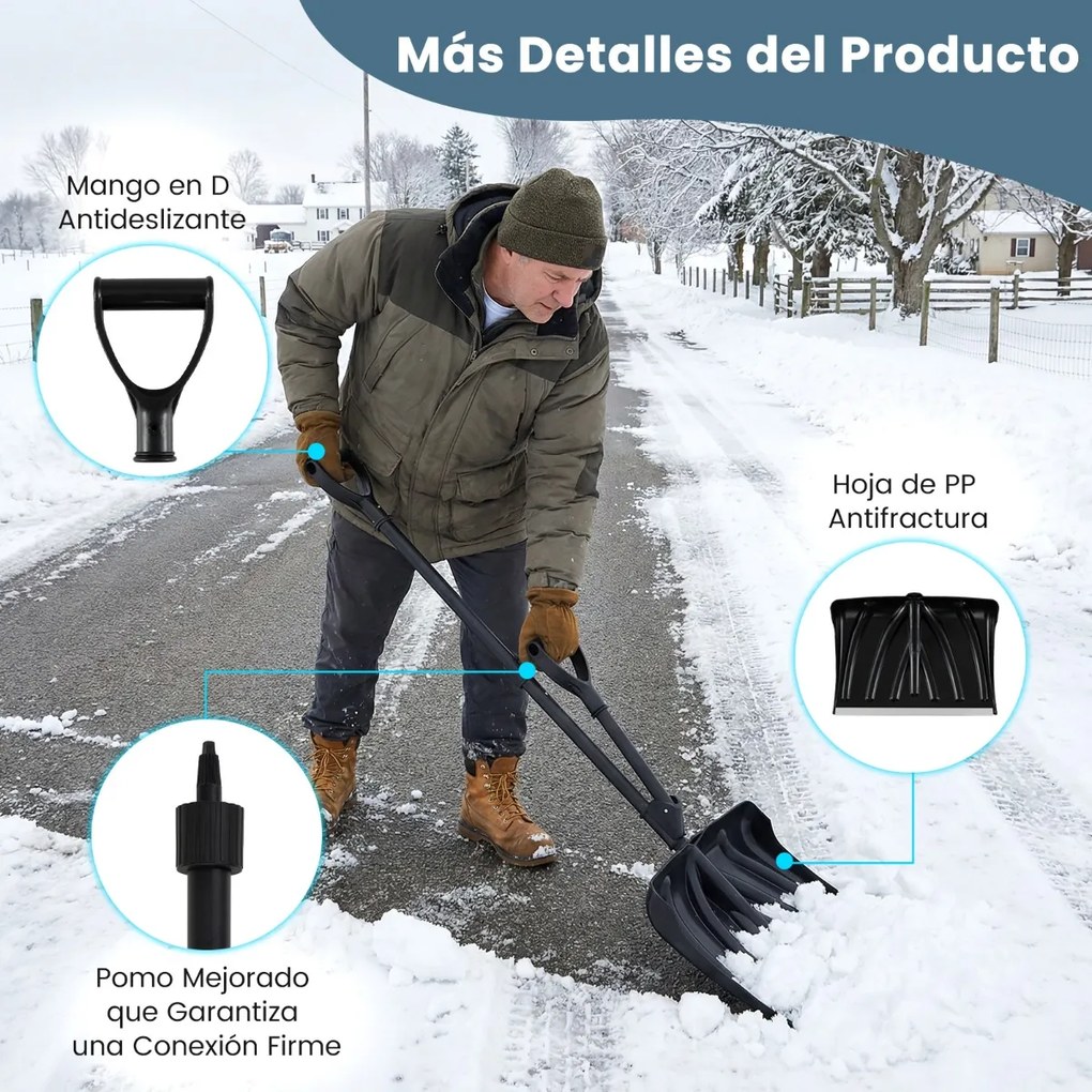 Pá para Neve, 45 x 9 x 135 cm, Pega Dupla Ergonómica, Preto