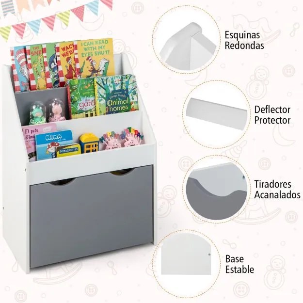 Estante para crianças com 3 compartimentos e gaveta extraível com 4 rodas para crianças dos 3 aos 6 anos 50 x 28 x 70 cm Cinzento