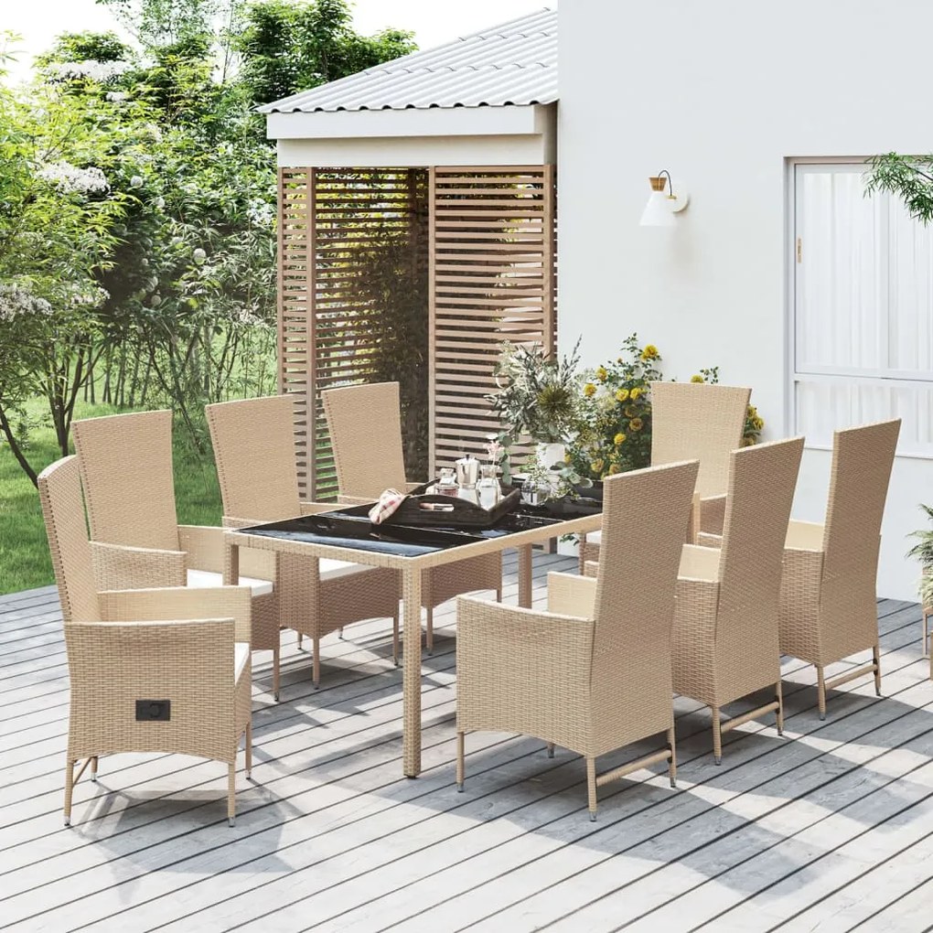 9 pcs conjunto de jantar p/ jardim com almofadões vime PE bege