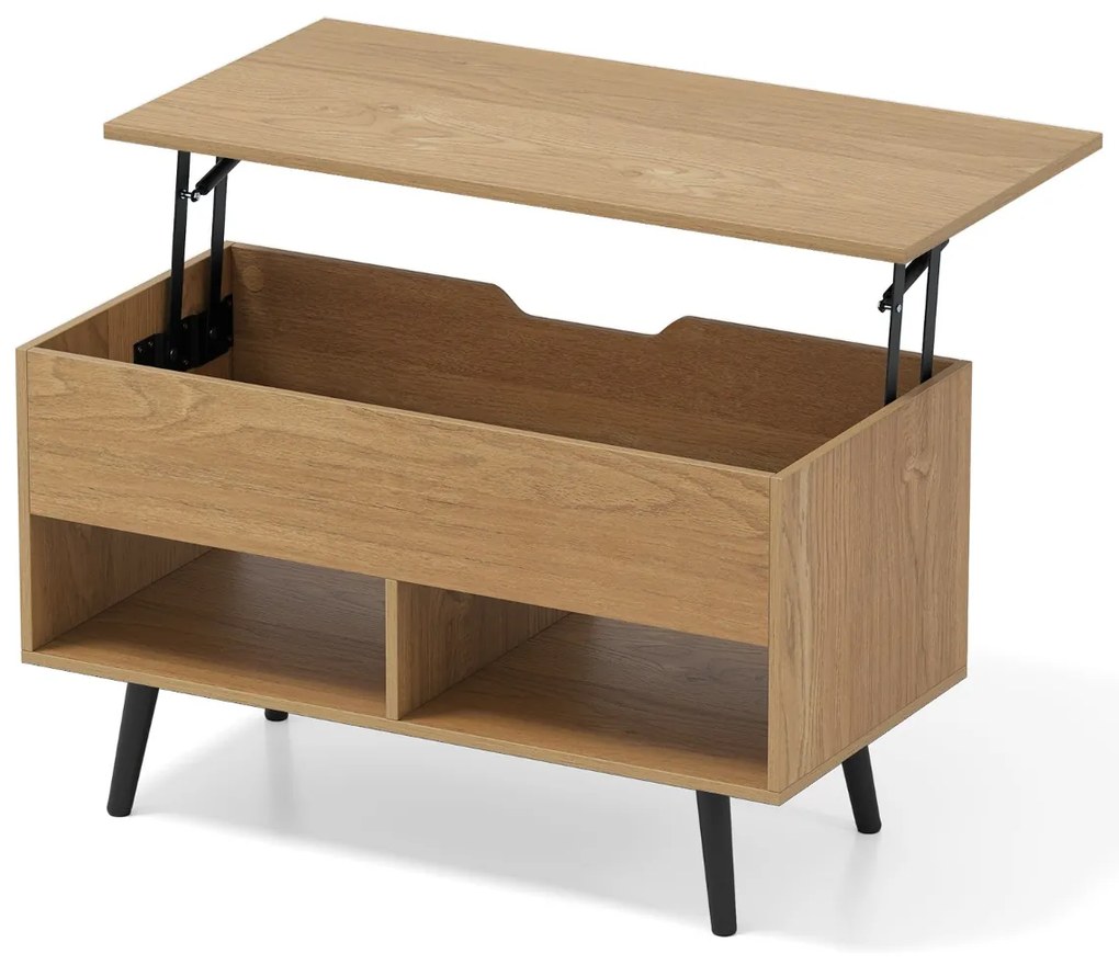 Mesa de centro elevável em madeira 80 x 40 x 44,5 cm com compartimento oculto e 2 prateleiras abertas para sala de estar, sala de recepção ou escritór