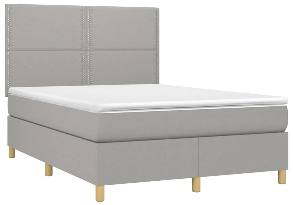 Cama box spring c/ colchão e LED 140x190 cm tecido cinza-claro