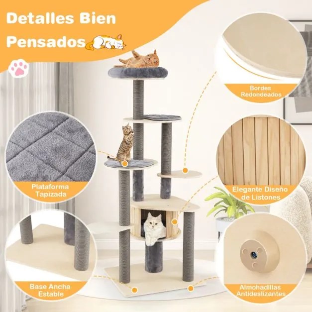 Arranhador para gatos de 172 cm acolchoado, tapetes e postes para arranhar, base estável para interior, cinzento