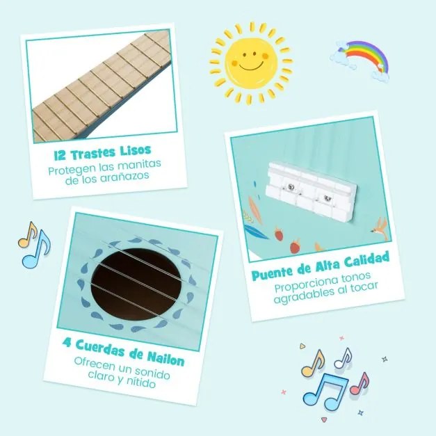 Ukelele de 21 polegadas para crianças de 4 cordas com corpo em madeira Basswood para maiores de 3 anos Instrumento musical azul
