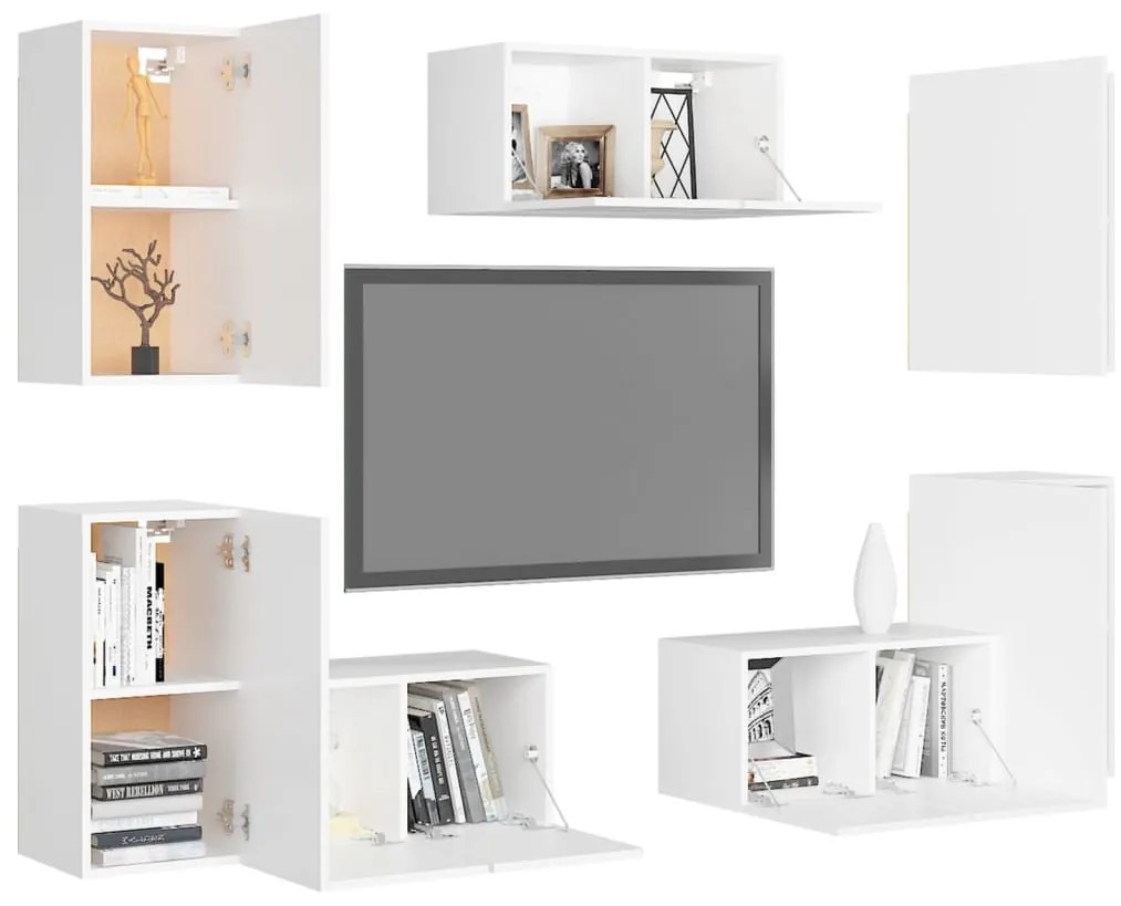 7 pcs conjunto de móveis de TV derivados de madeira branco