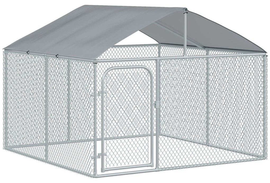 PawHut Canil de Exterior com Toldo Gaiola para Cães de Metal Galvanizado com Fechadura para Jardim Pátio 230x230x175cm Prata