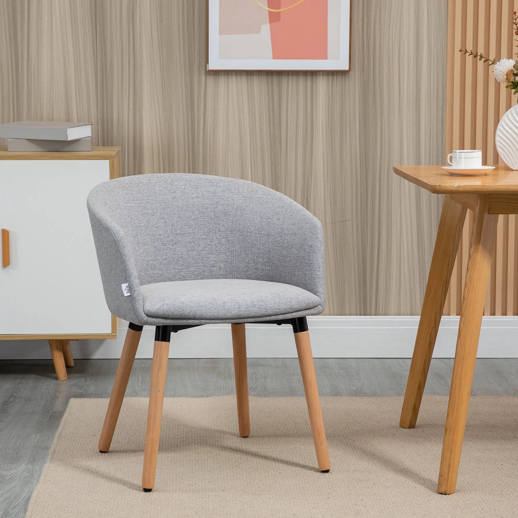 HOMCOM Cadeira de Sala de Jantar Cadeira Estofada em Linho Sintético com Apoio para os Braços e Pés de Madeira para Escritório Dormitório Carga 120kg 57x56x72cm Cinza