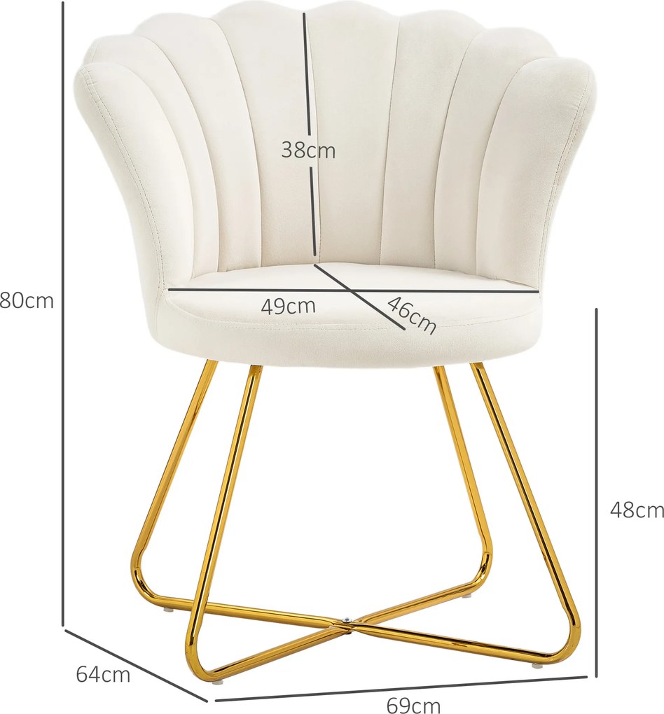 Poltrona em forma de concha, cadeira de Toucador, poltrona em veludo, poltrona de sala com pés em aço, 69 x 64 x 80 cm, creme
