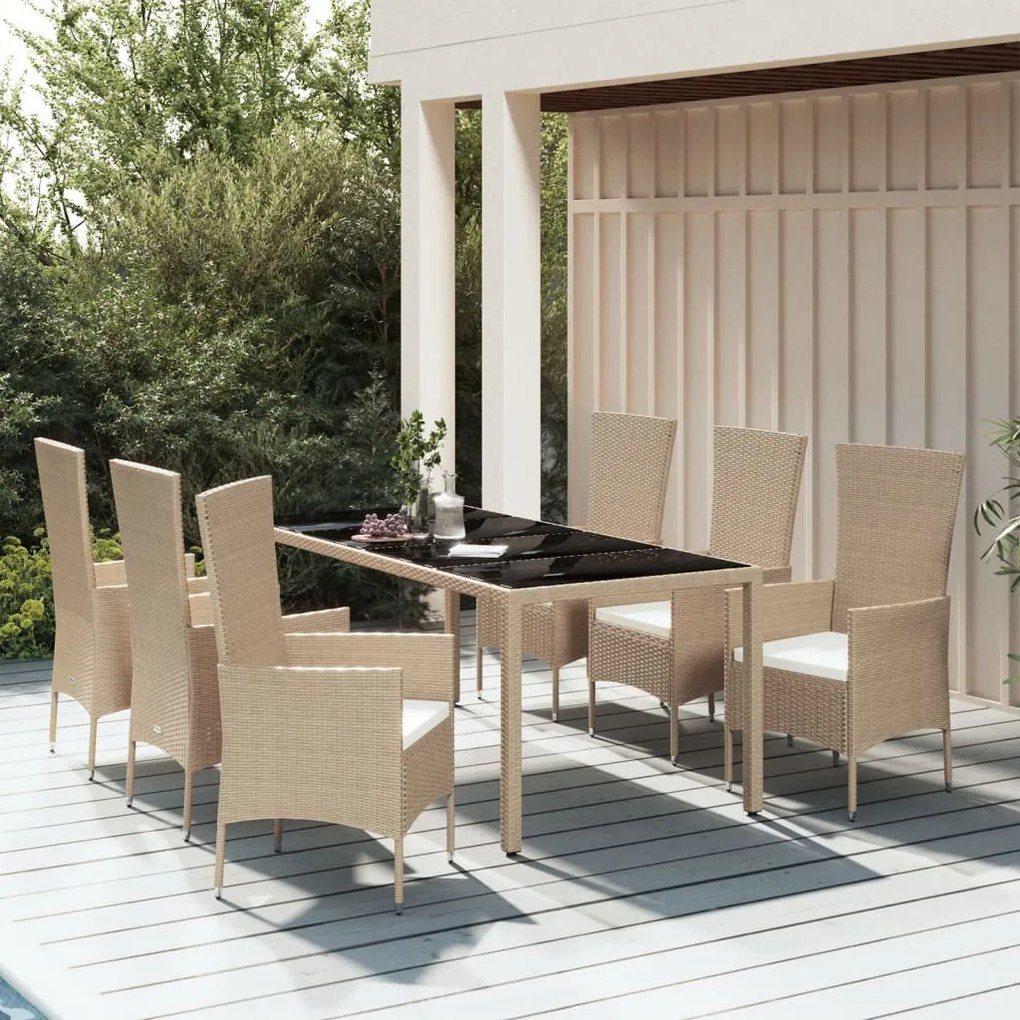 vidaXL 7 pcs conjunto de jantar p/ jardim com almofadões vime PE bege