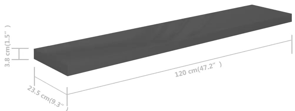 Prateleira de parede suspensa 120x23,5x3,8 cm MDF cinzento