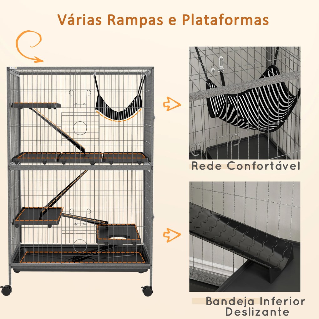 Gaiola para Roedores 80x52x128 cm Casa de 4 Alturas com Rampas Suspensa Rede Bandeja Removível Rodas Cinza Prateado
