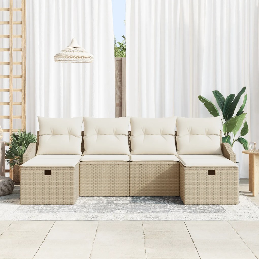 Conjunto de Sofá de Jardim de 6 peças com Almofadas em Bege Vime Sinté