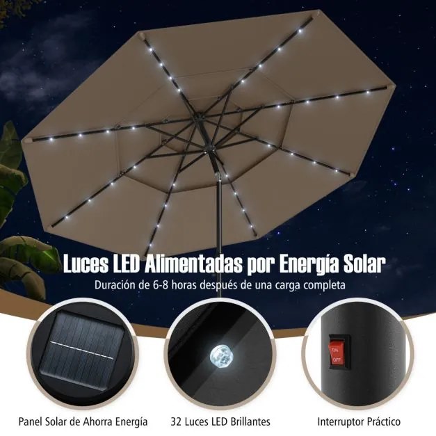 Guarda-sol para jardim de 313 cm com 32 luzes LED, teto ventilado de 3 níveis e ajuste de inclinação Castanho