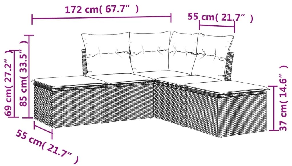 5 pcs conjunto sofás de jardim com almofadões vime PE preto