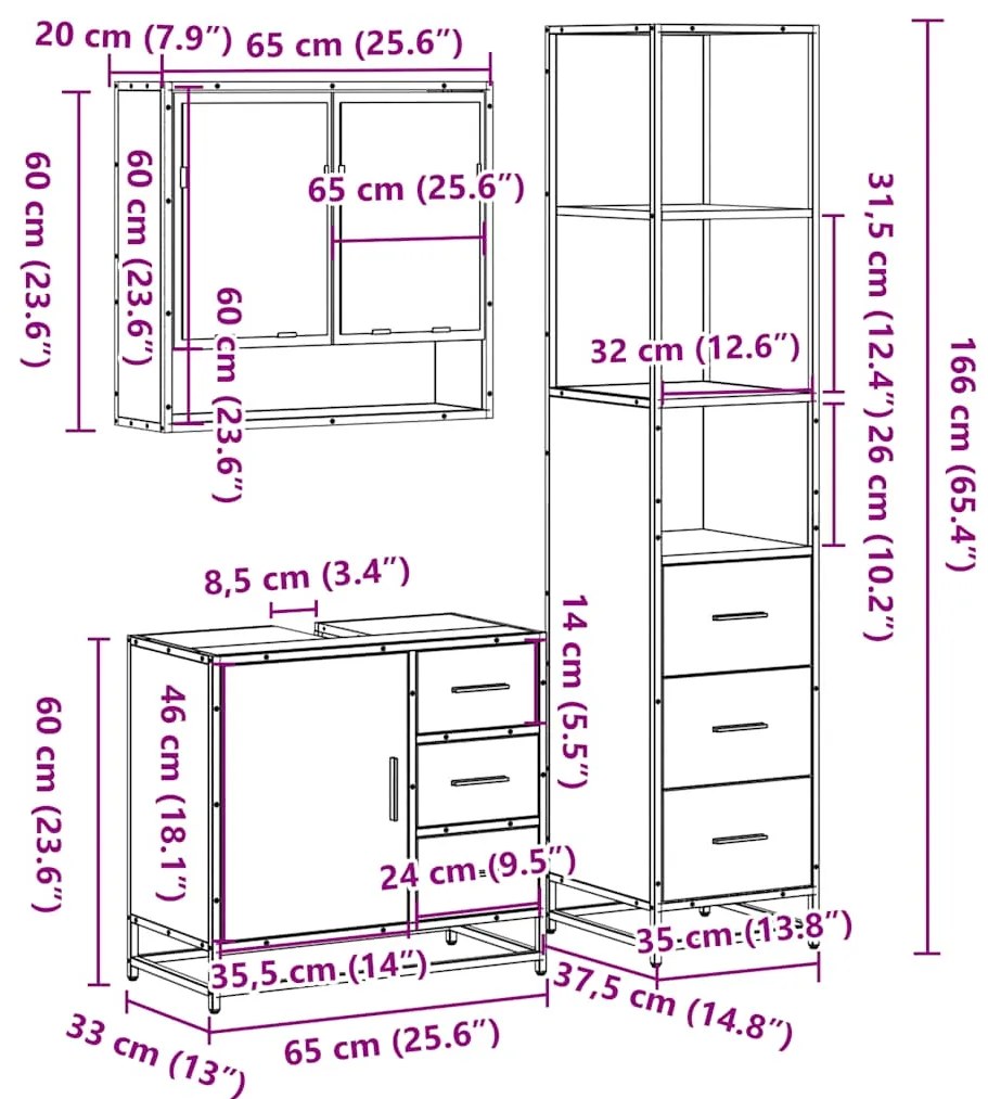 3 pcs Conjunto móveis casa de banho madeira proc. cinza sonoma