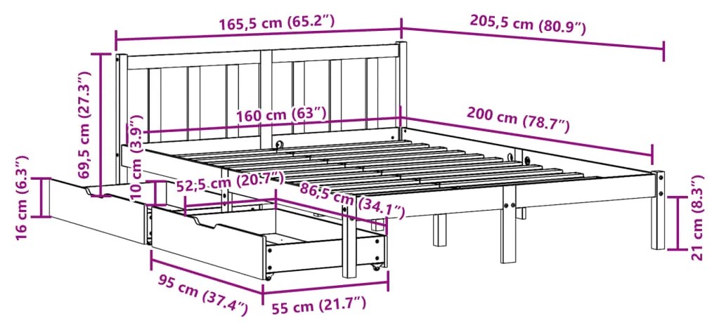 Cama sem colchão 160x200 cm madeira de pinho maciça