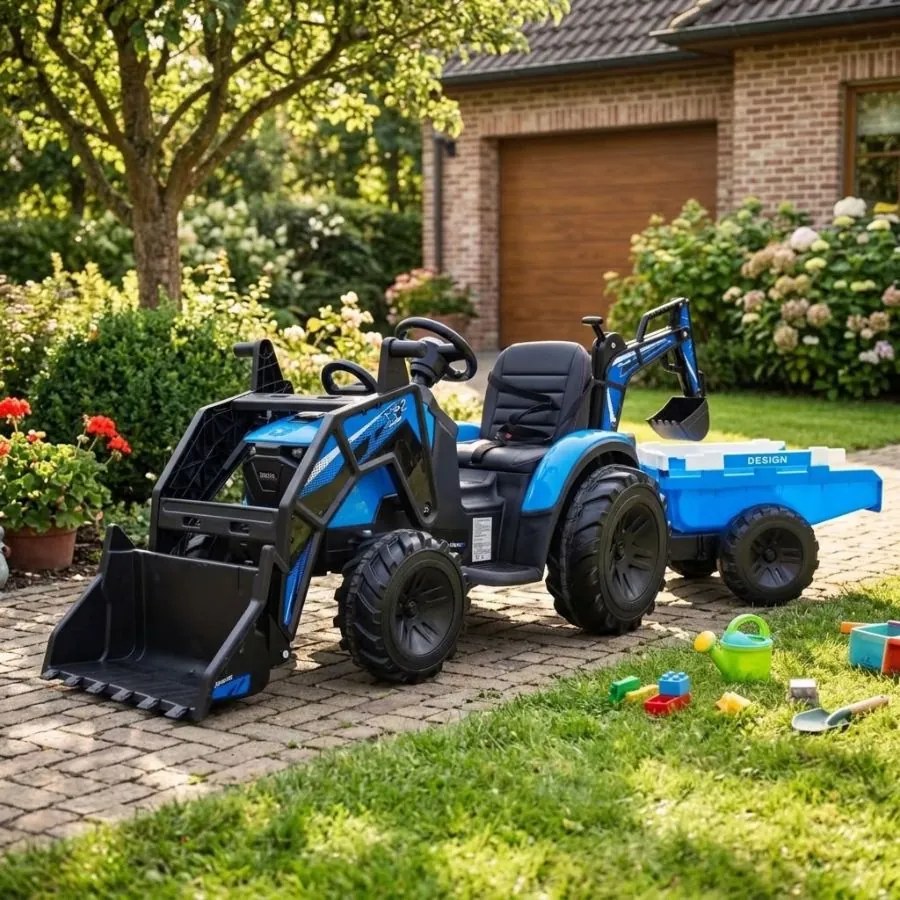 Trator elétrico para Crianças 3 a 7 anos com reboque 12V 720-T Rodas EVA Azul