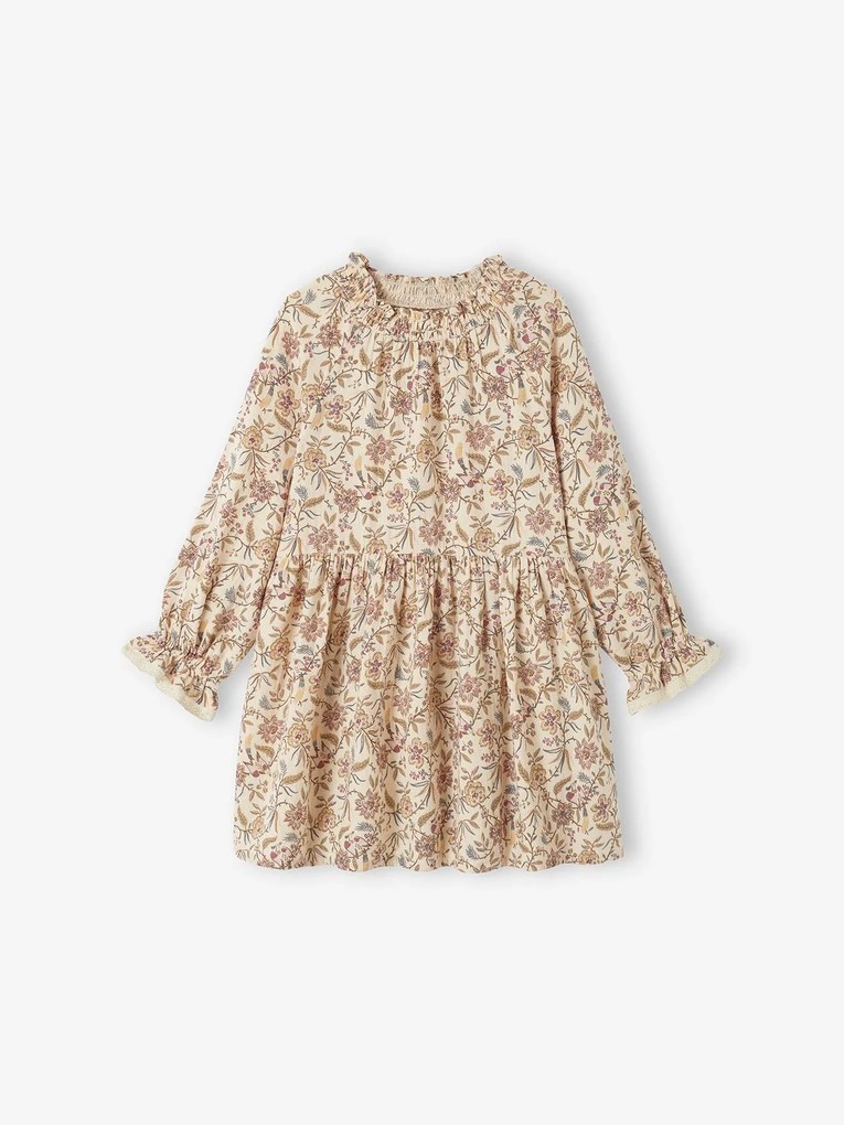 Agora -15%: Vestido às flores, em gaze de algodão, para menina bege estampado