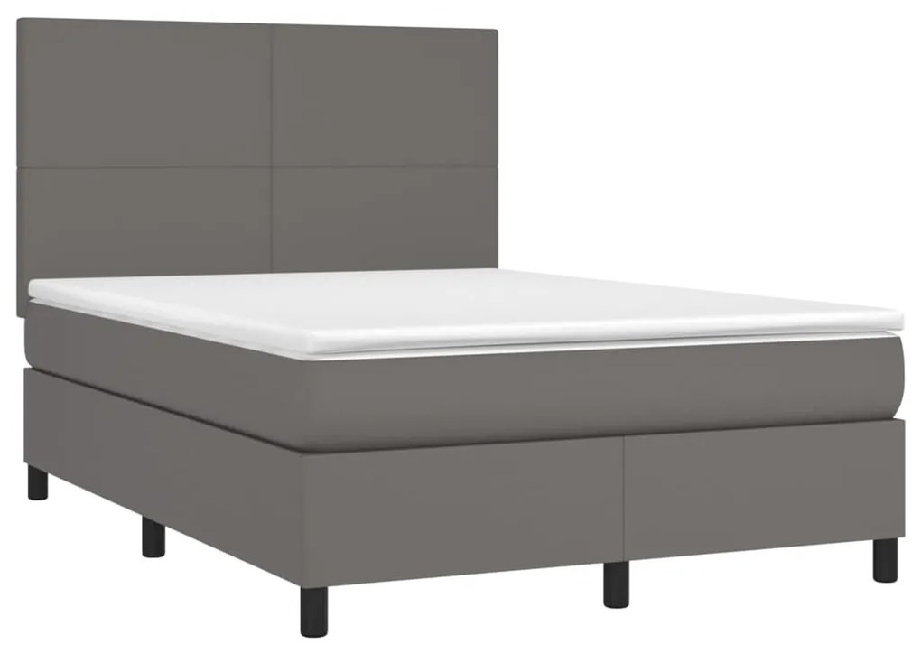 Cama box spring c/ colchão/LED 140x190cm couro artificial cinza