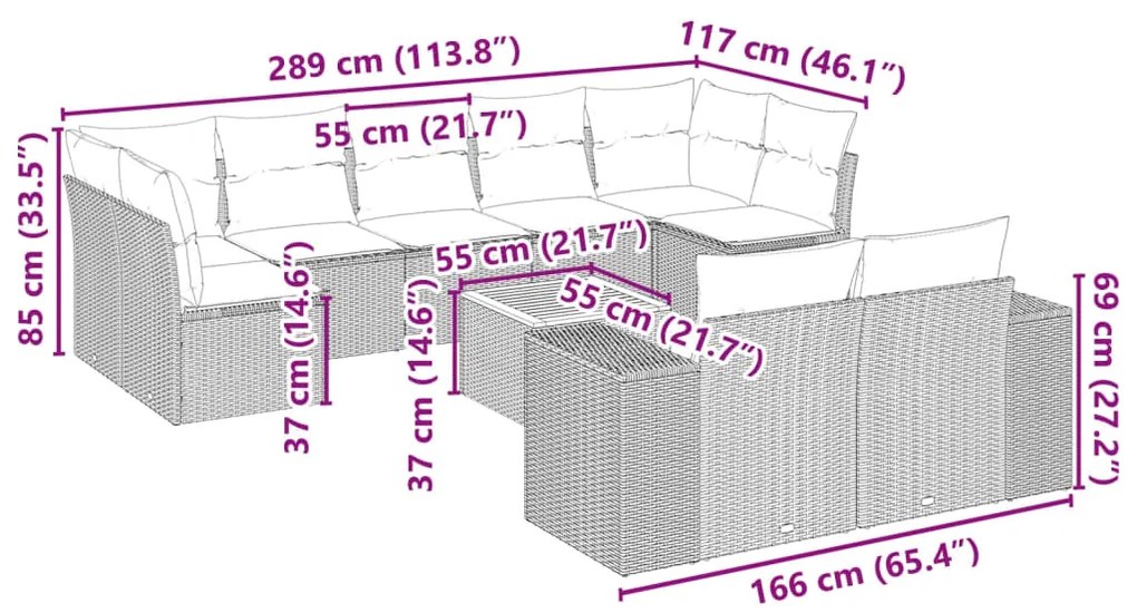 10 pcs conjunto de sofás p/ jardim com almofadões vime PE bege