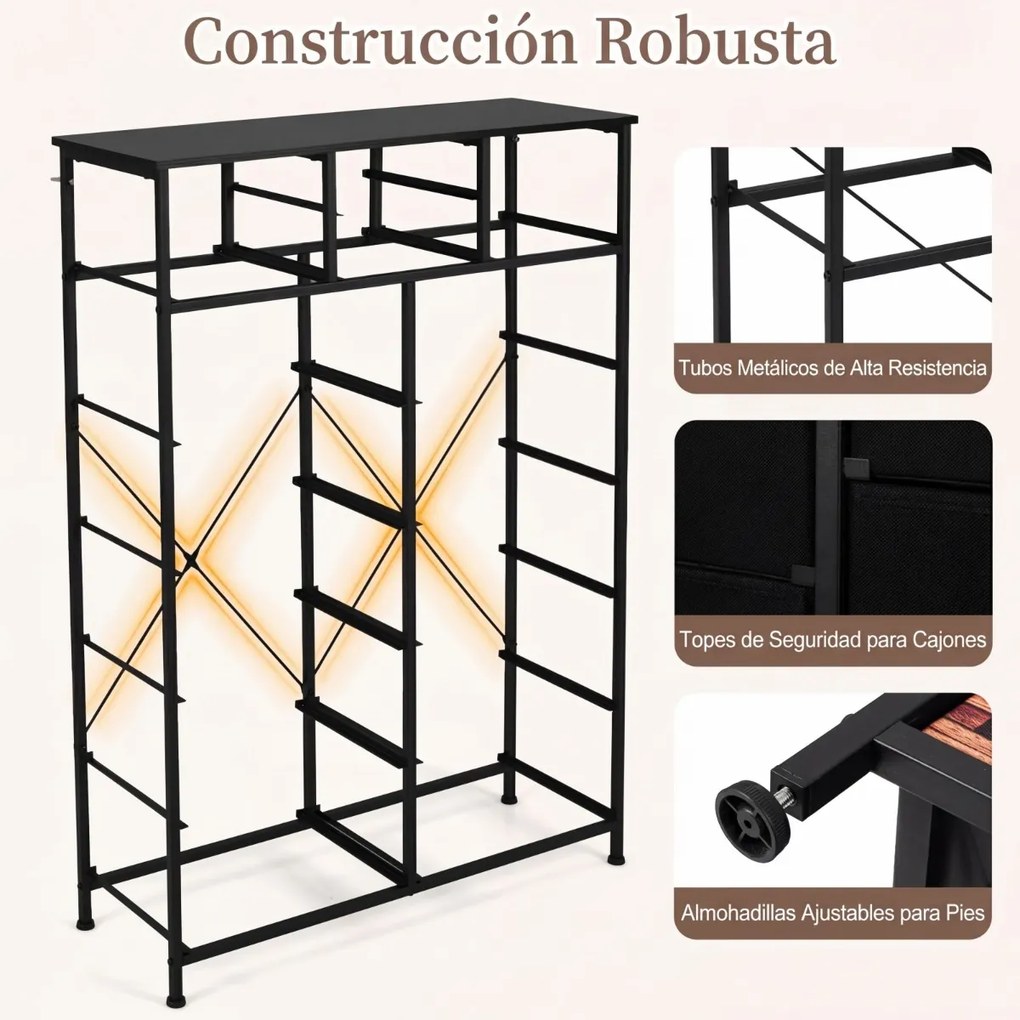 Cómoda com 14 gavetas com gavetas em tecido 85 x 30 x 120 cm, estrutura metálica, organizador para quarto Preto + Castanho