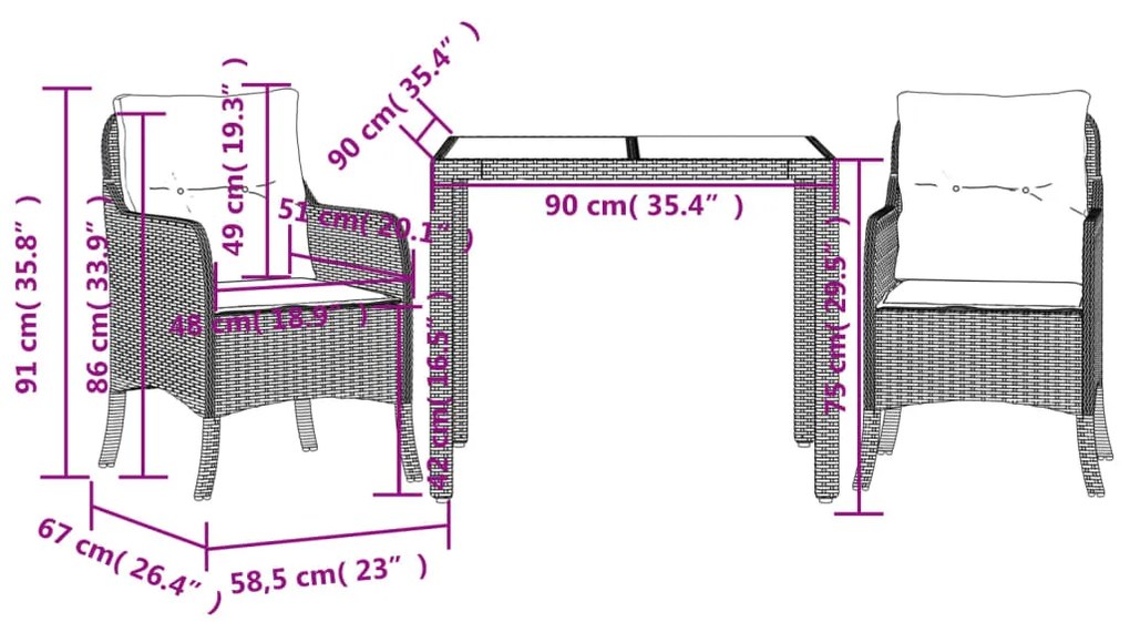 3 pcs conjunto de jantar p/ jardim c/ almofadões vime PE cinza