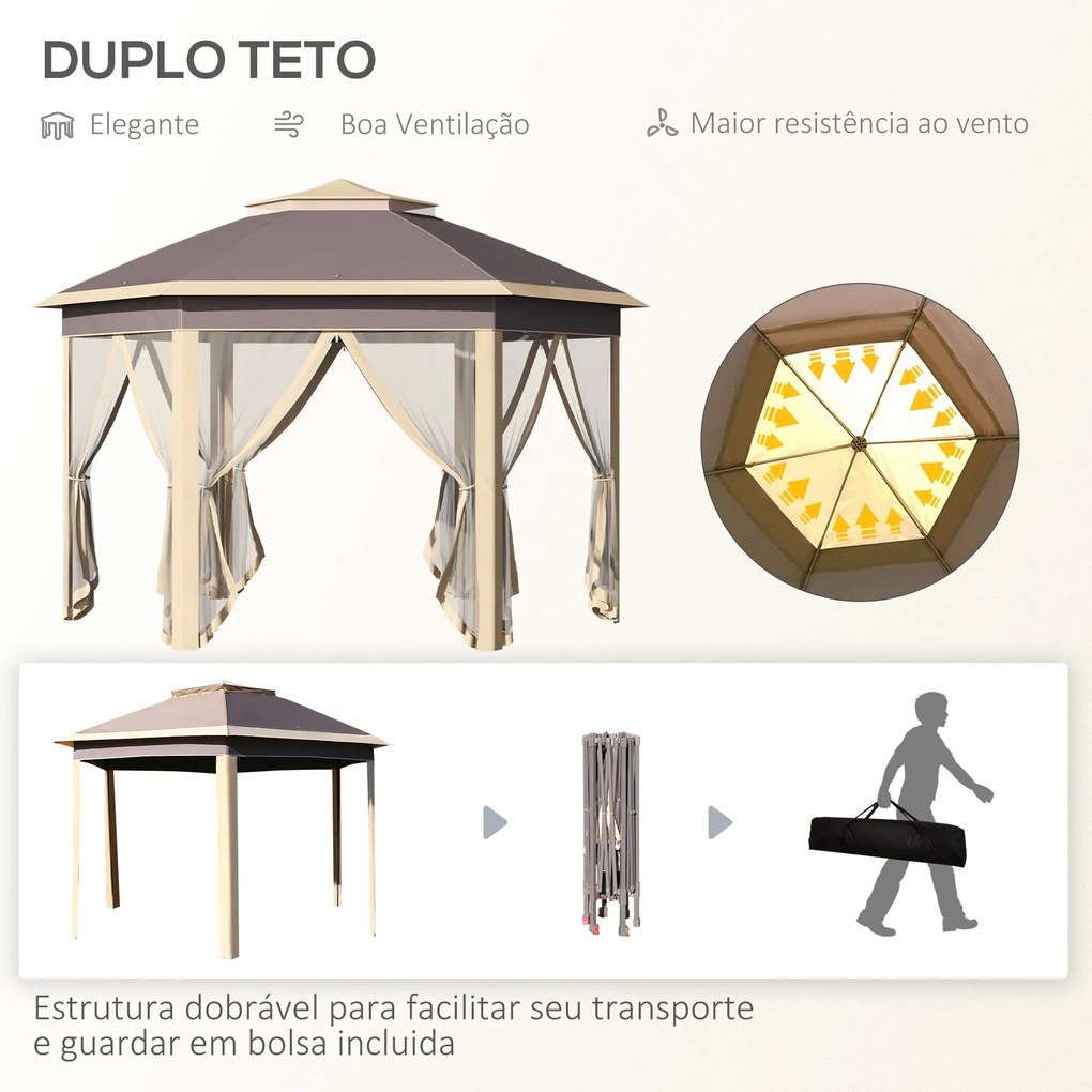 Tenda Dobrável 4,05x3,4x2,85 m Tenda de Jardim Hexagonal com Duplo Tet