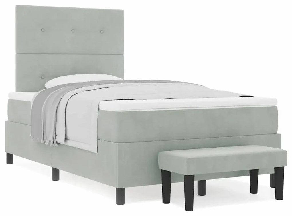 Cama Box com Colchão e Banco Cinza Claro 120x200 cm Veludo