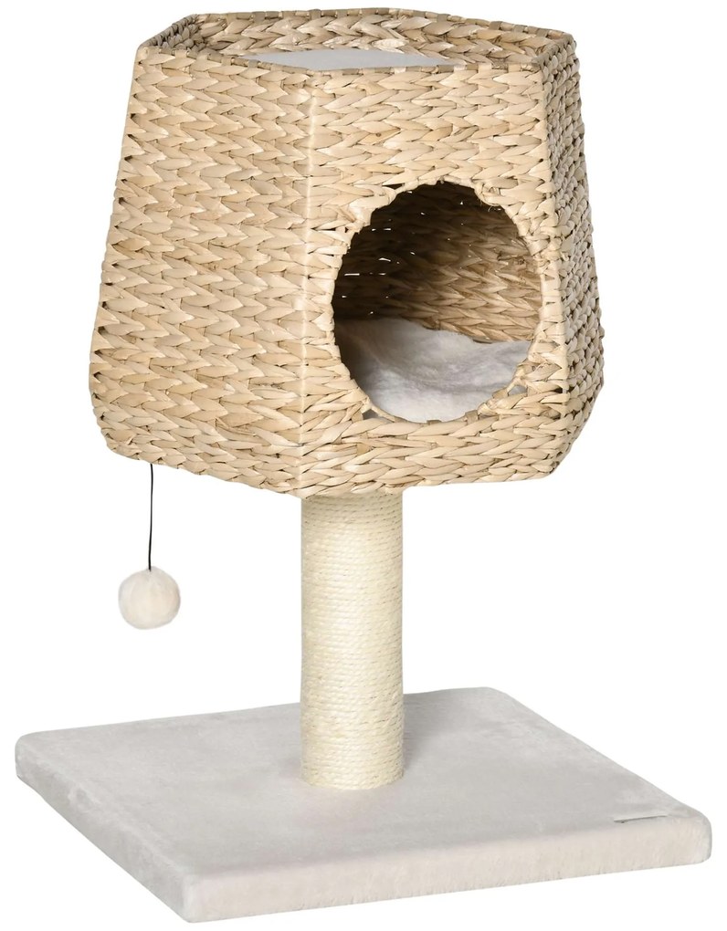 PawHut Árvore Arranhador para Gatos Pequena Altura 66cm Torre de Escalada para Gatos com Caverna de Junco Almofadas Creme e Natural