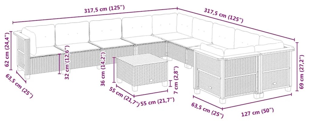 11 pcs conjunto sofás de jardim c/ almofadões vime PE bege