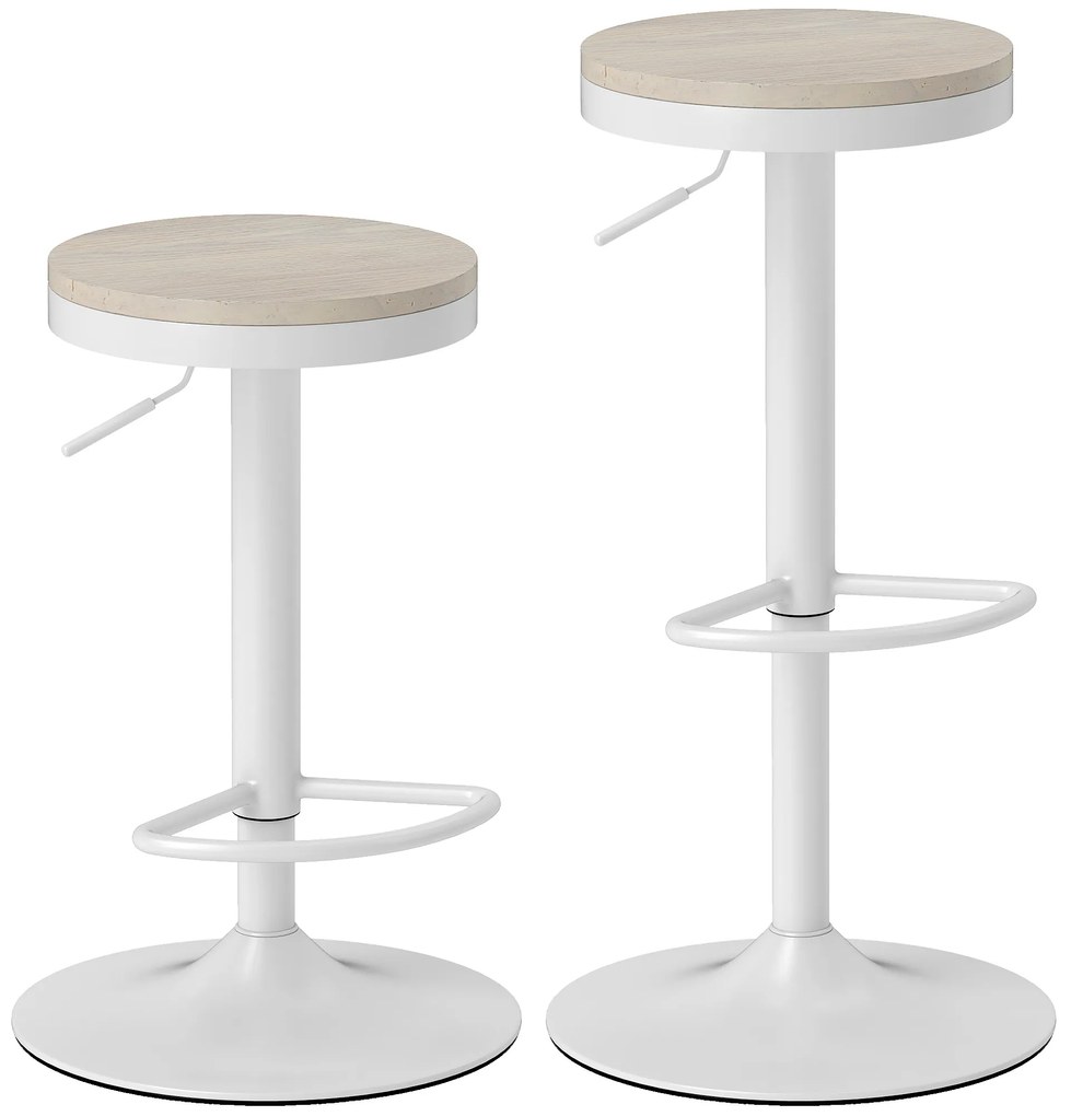 HOMCOM Conjunto de 2 bancos de bar, bancos de bar giratórios com assento de hévea, altura ajustável e apoio para os pés, branco | Aosom Portugal