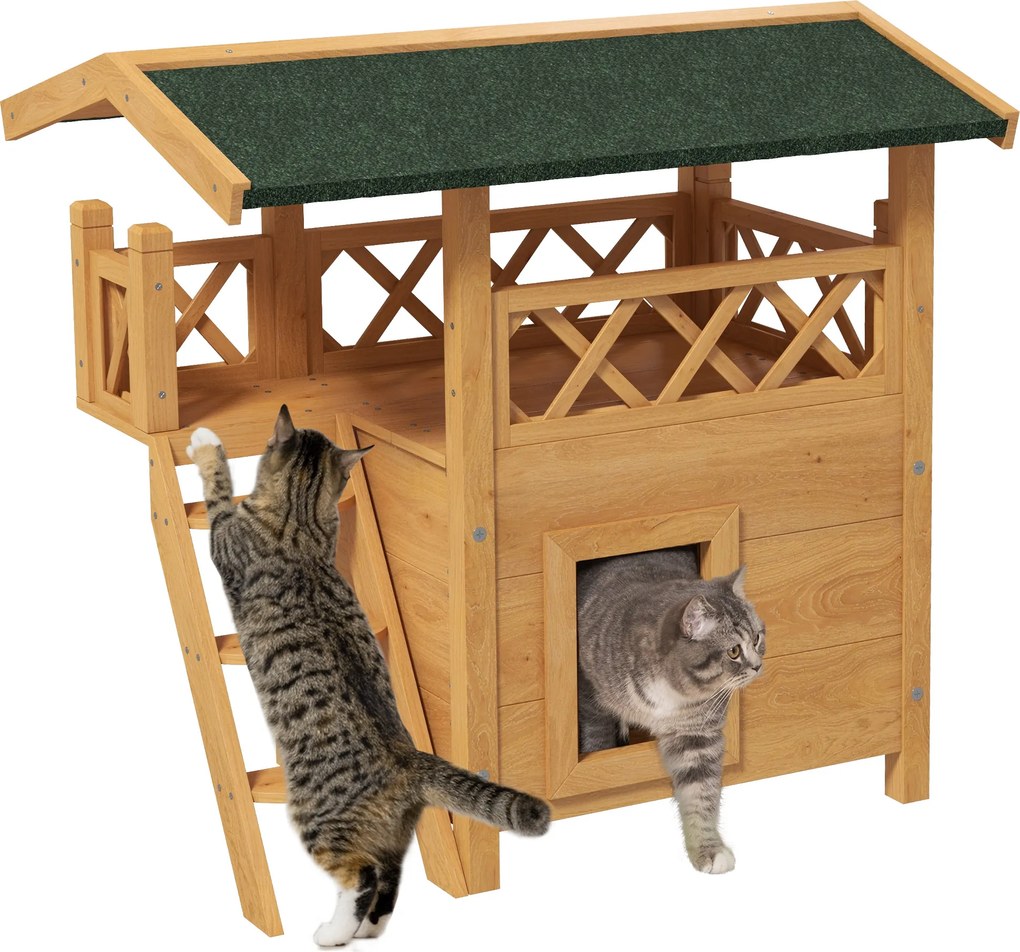 Casa para Gatos de Madeira 77x50x73cm com 2 Níveis Teto Asfáltico Terraço Cercado Caverna e Escada Madeira