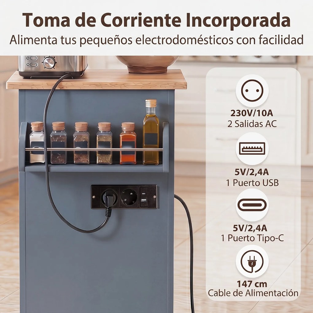 Carrinho Auxiliar de Cozinha, 116 x 40 x 85 cm, Tomadas Integradas, Cinzento