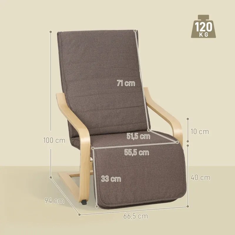 Poltrona Relax com Apoio para os Pés Ajustáveis Poltrona Estofada em Tecido com Estrutura de Madeira 66,5x94x100 cm Castanho