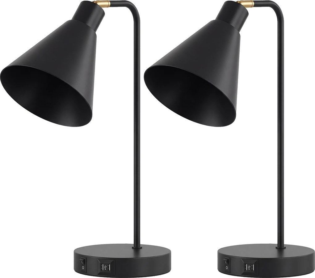 HOMCOM Conjunto de 2 Lâmpadas de Mesa Modernas em Aço com Portas USB, Soquete E27, Lâmpada não Inclusa, Preto | Aosom Portugal