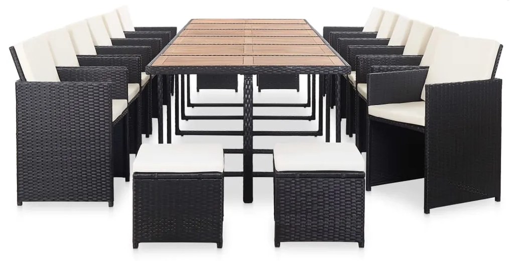 vidaXL 17 pcs conjunto jantar exterior com almofadões vime PE preto
