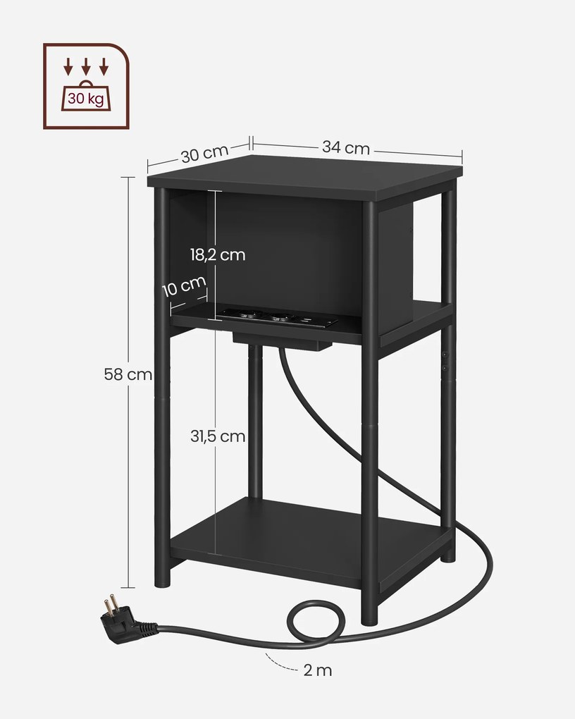 Mesa de apoio com uma tomada eléctrica e 2 portas USB 30 x 34 x 58 cm preta