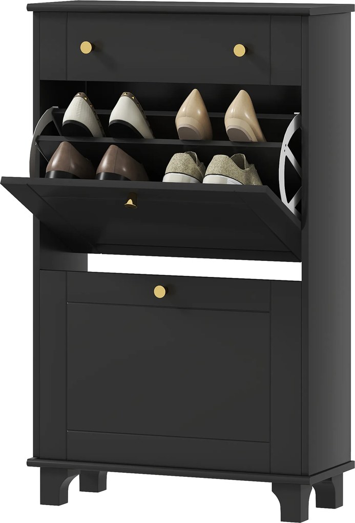Sapateira estreita para sapatos para a entrada  60 x 23,5 x 98,5 cm, com gavetas com portas basculantes e prateleira ajustável, preta