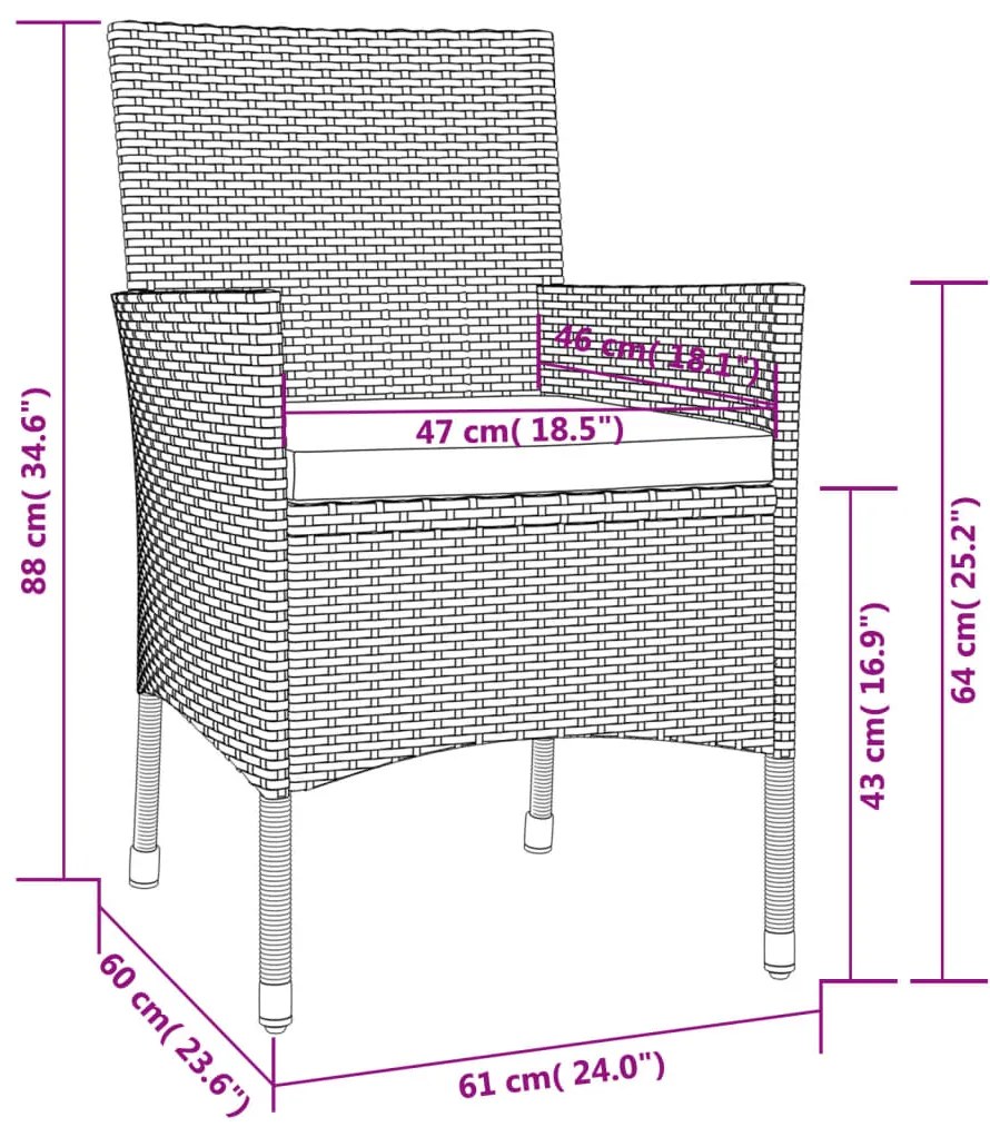 3 pcs conjunto bistrô de jardim c/ almofadões vime PE cinza